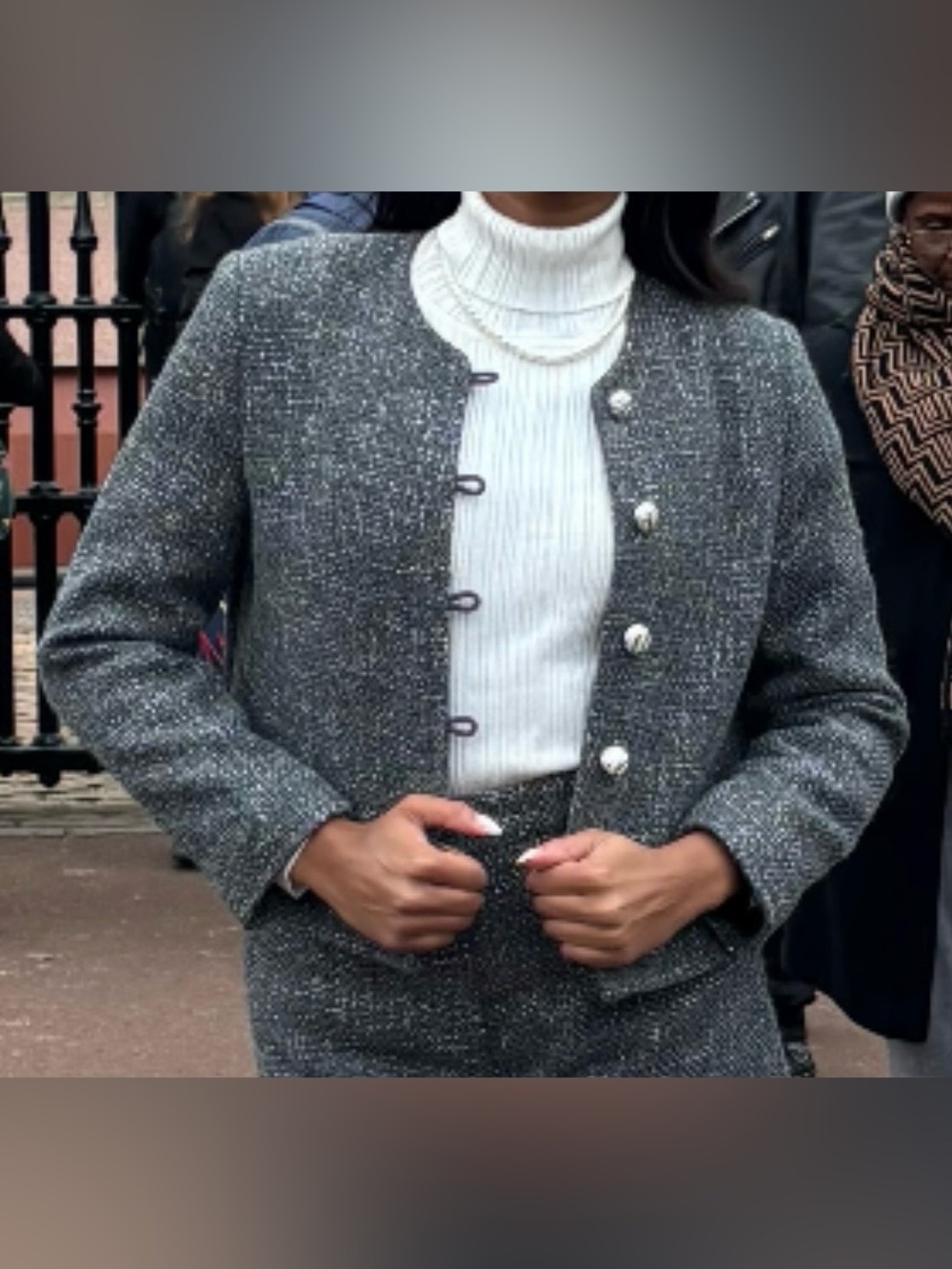 Primark Gray and Metallic Silver Tweed Silver-Button Cropped Jacket